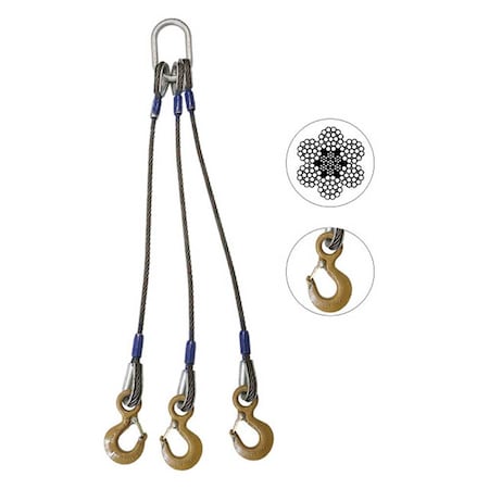 Wire Rope Sling - 3 Leg Bridle W/ Eye Hooks - 5/8 X 18' - Domestic